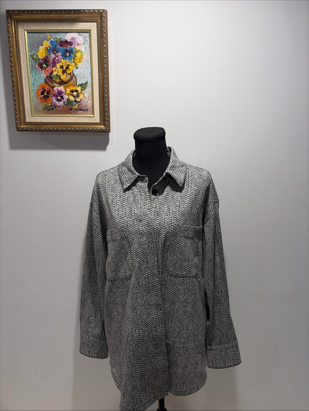 Athleta Textured Shirt Jacket Black White Geometric Casual Atheisure Shacket L